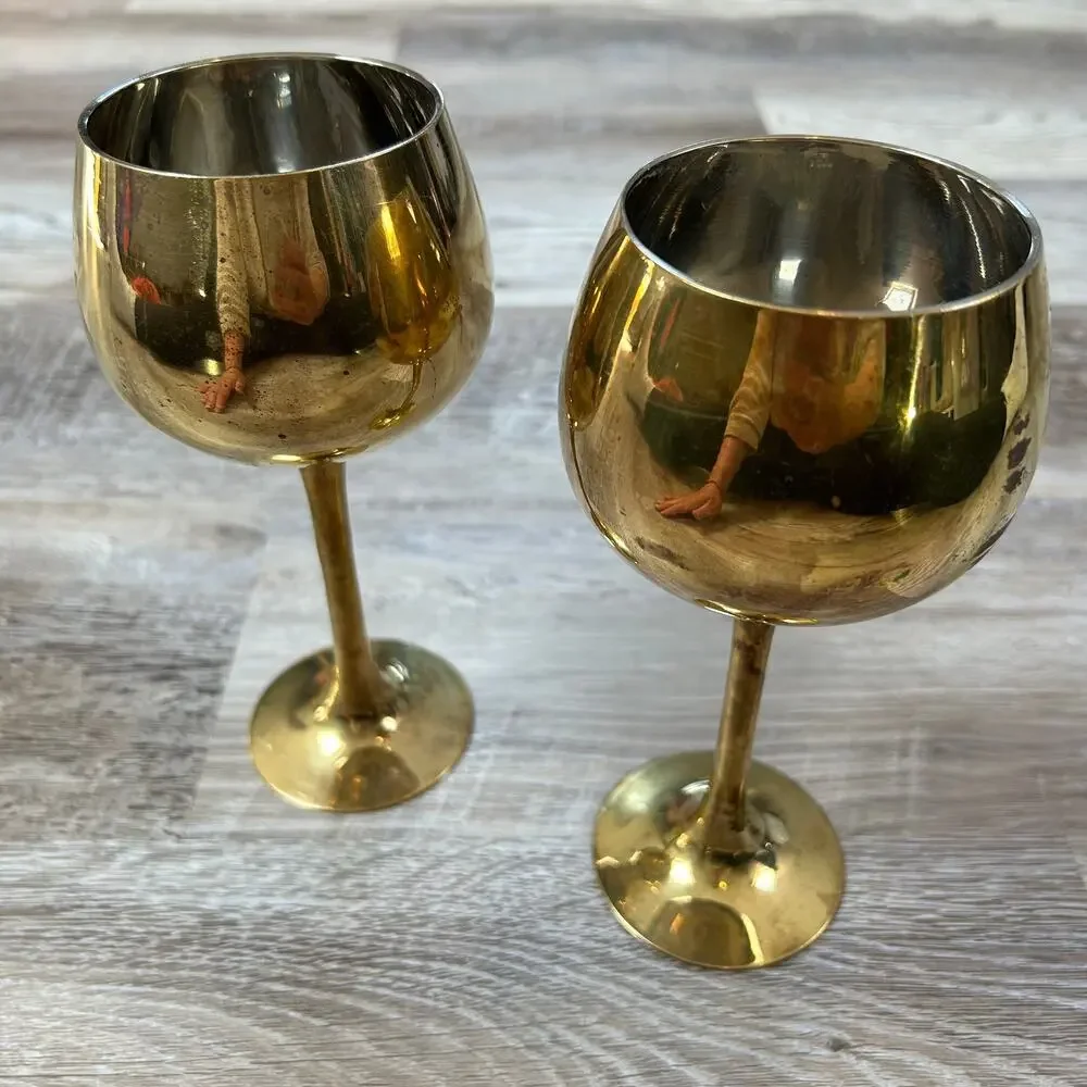 Sarna Brass Wine Goblets Set of 2 Gold Patina Vintage Barware India